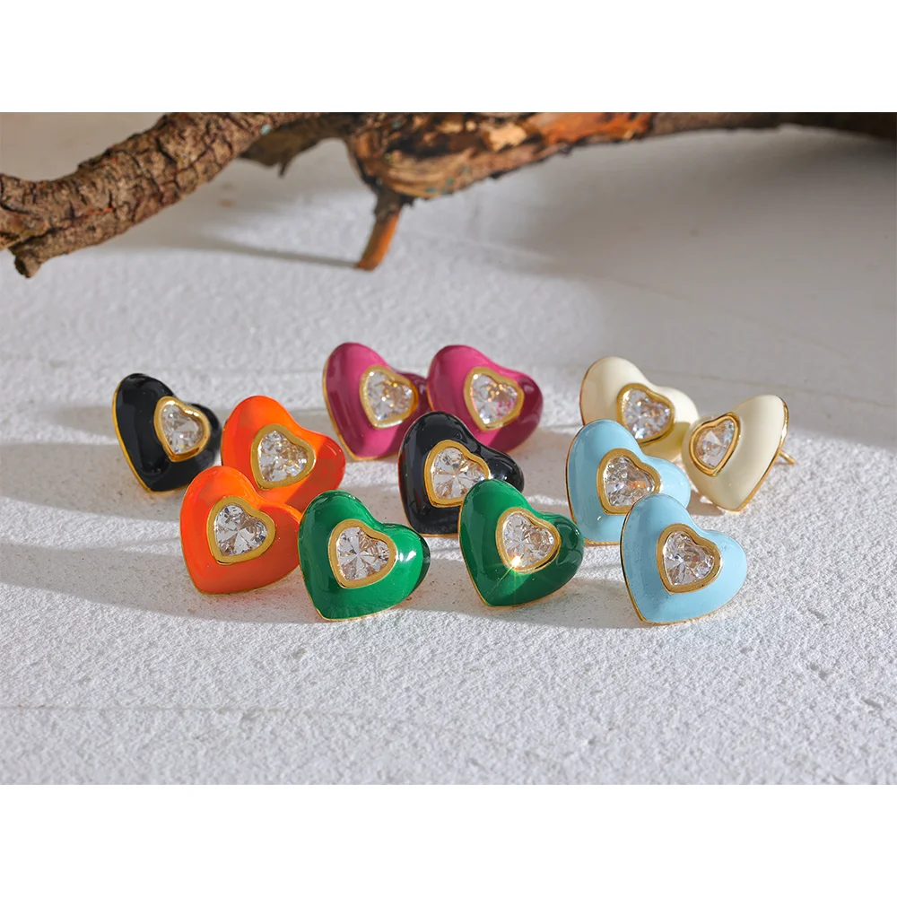 Enamel Cubic Zirconia Heart Colorful Stud Earrings