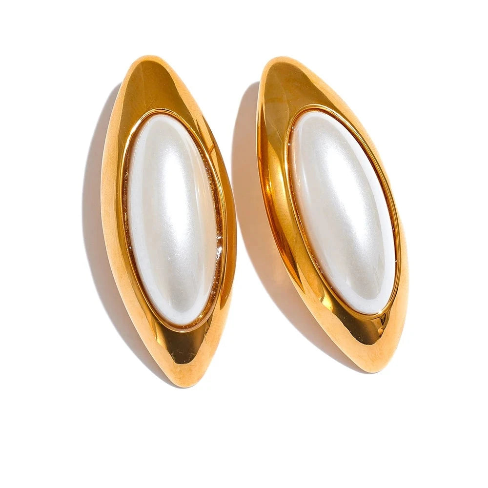 Exclusive Golden Pearl Oval Stud Earrings