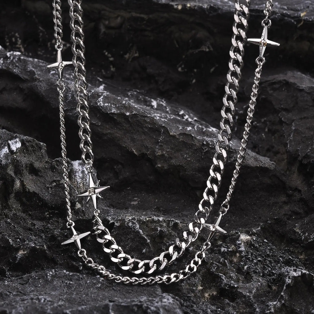 Unisex Stars Cross Charm  Cuban Chain Necklace Set