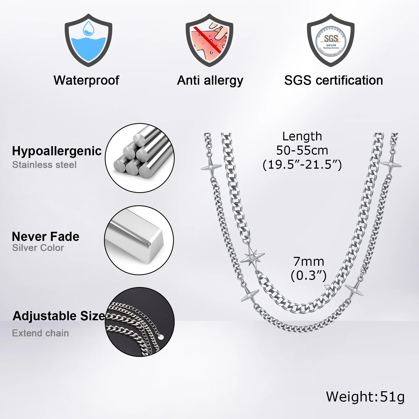 Unisex Stars Cross Charm  Cuban Chain Necklace Set