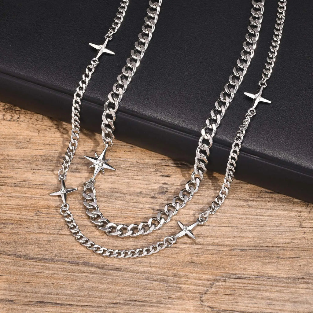 Unisex Stars Cross Charm  Cuban Chain Necklace Set