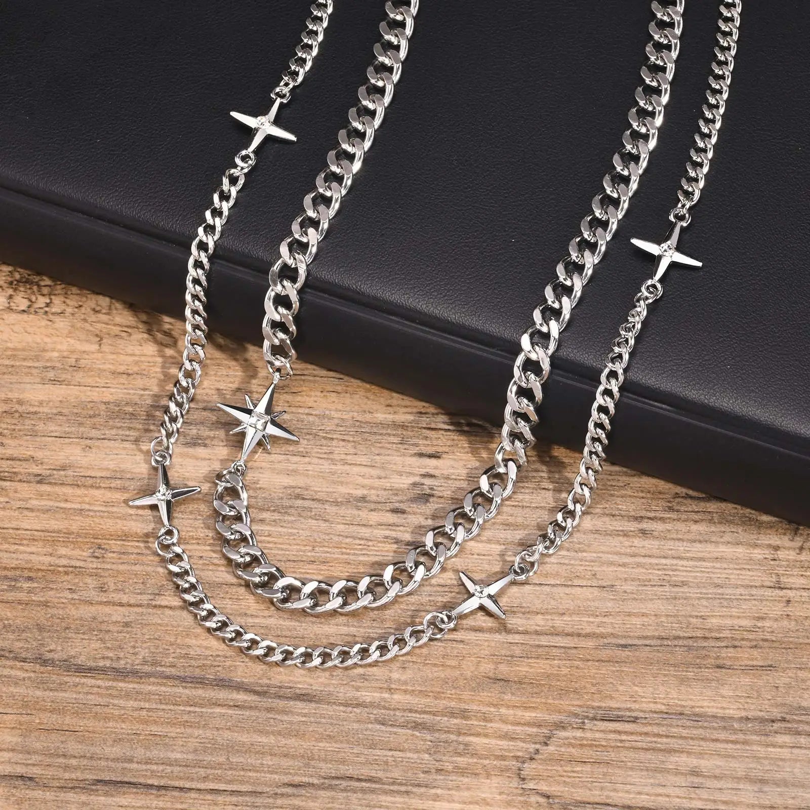 Unisex Stars Cross Charm  Cuban Chain Necklace Set
