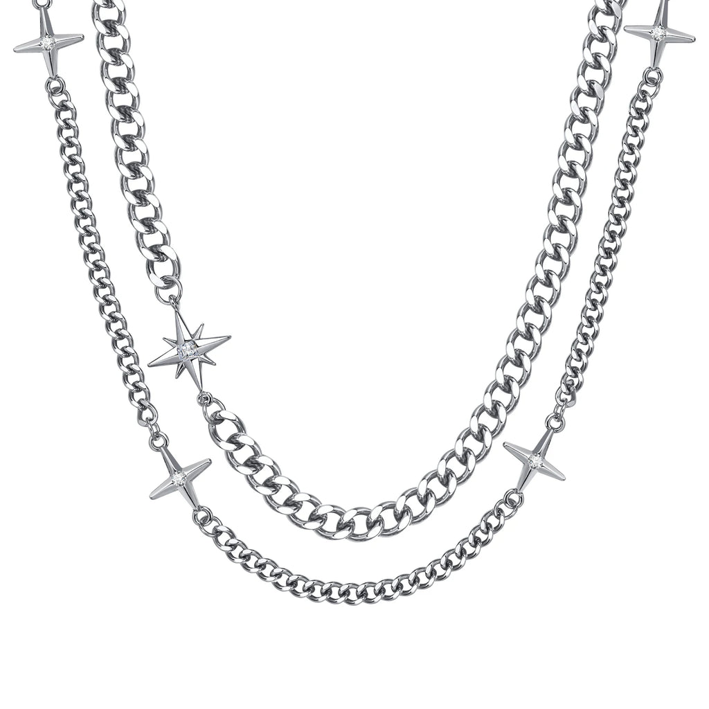 Unisex Stars Cross Charm  Cuban Chain Necklace Set