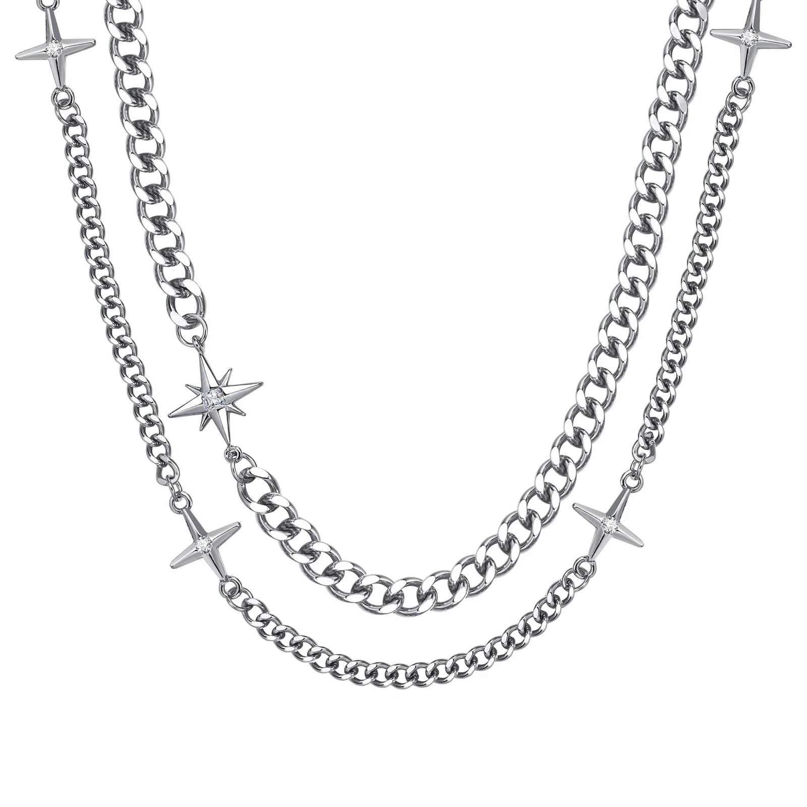 Unisex Stars Cross Charm  Cuban Chain Necklace Set