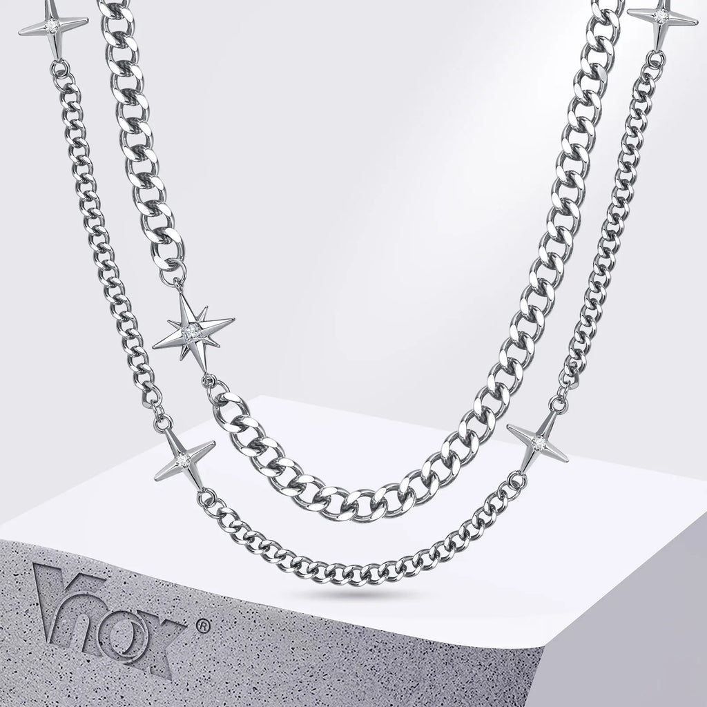 Unisex Stars Cross Charm  Cuban Chain Necklace Set