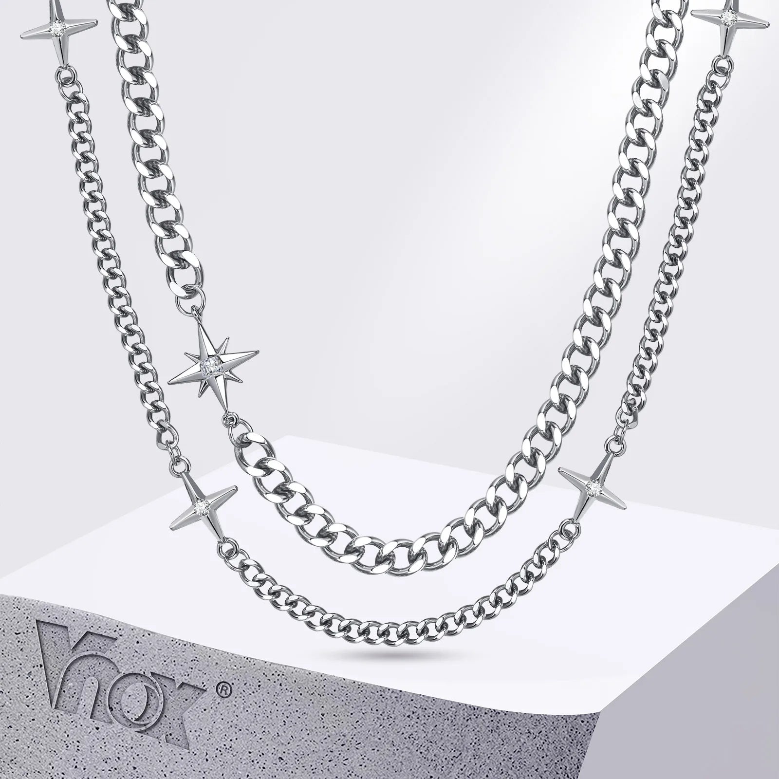 Unisex Stars Cross Charm  Cuban Chain Necklace Set