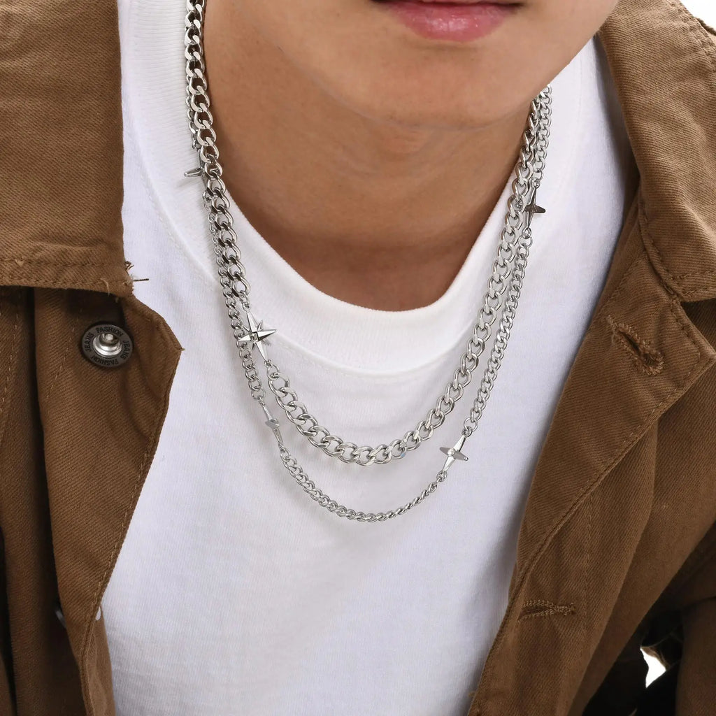 Unisex Stars Cross Charm  Cuban Chain Necklace Set