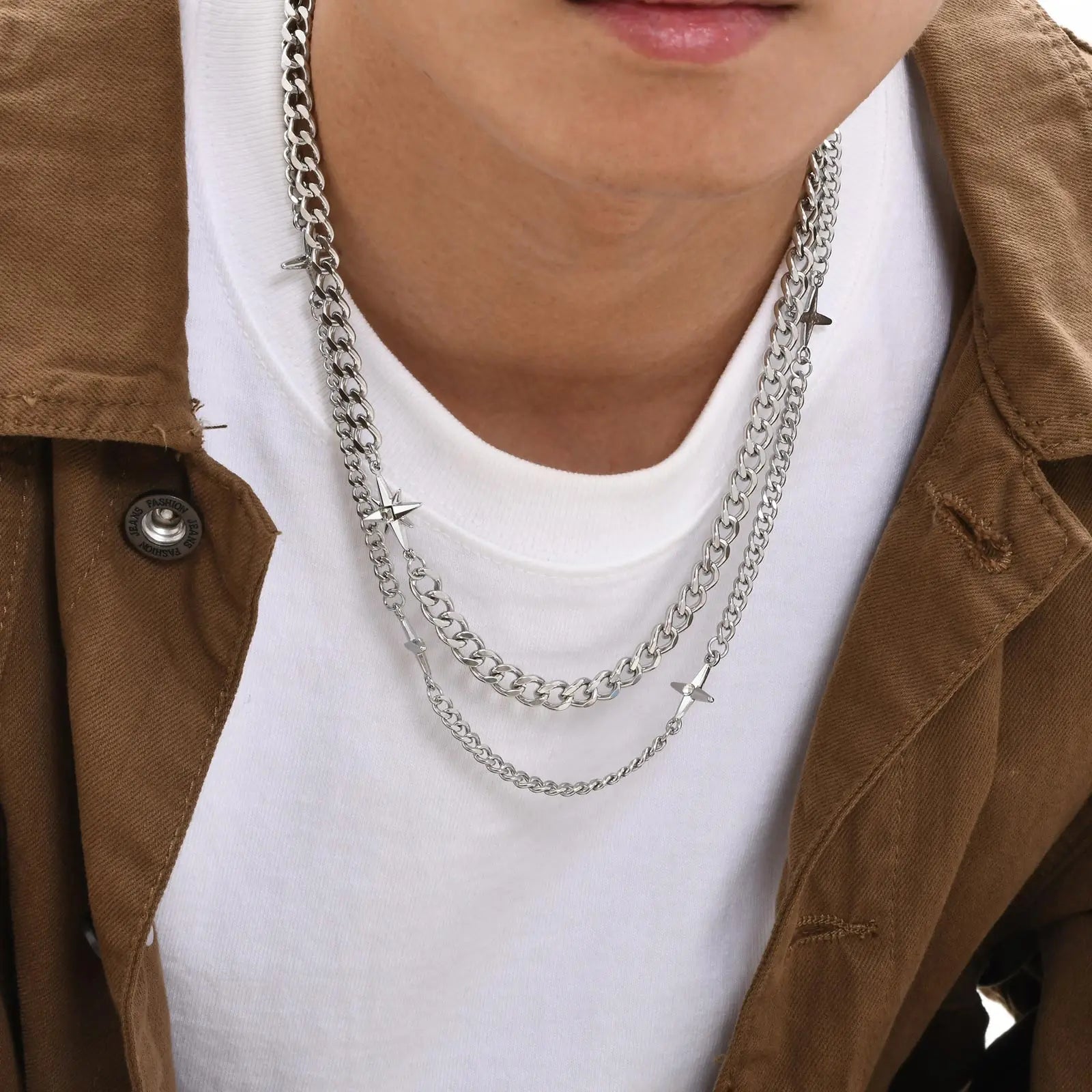 Unisex Stars Cross Charm  Cuban Chain Necklace Set