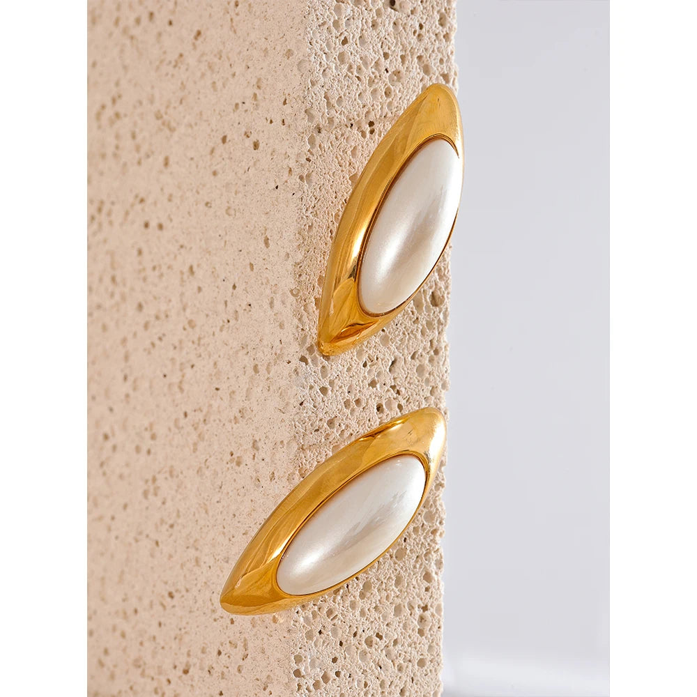 Exclusive Golden Pearl Oval Stud Earrings