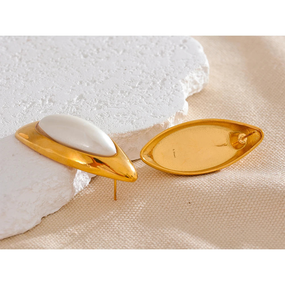 Exclusive Golden Pearl Oval Stud Earrings