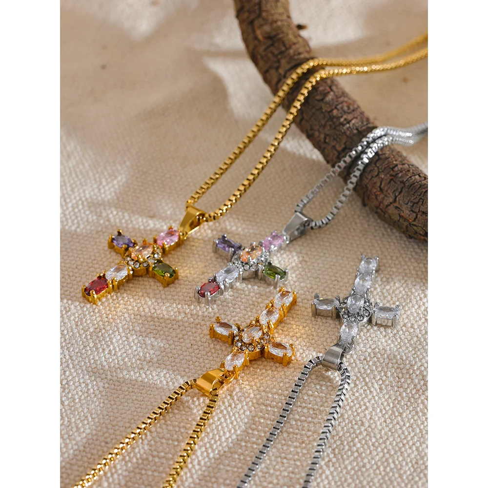 Luxury Colorful CZ Cross Pendant Necklace