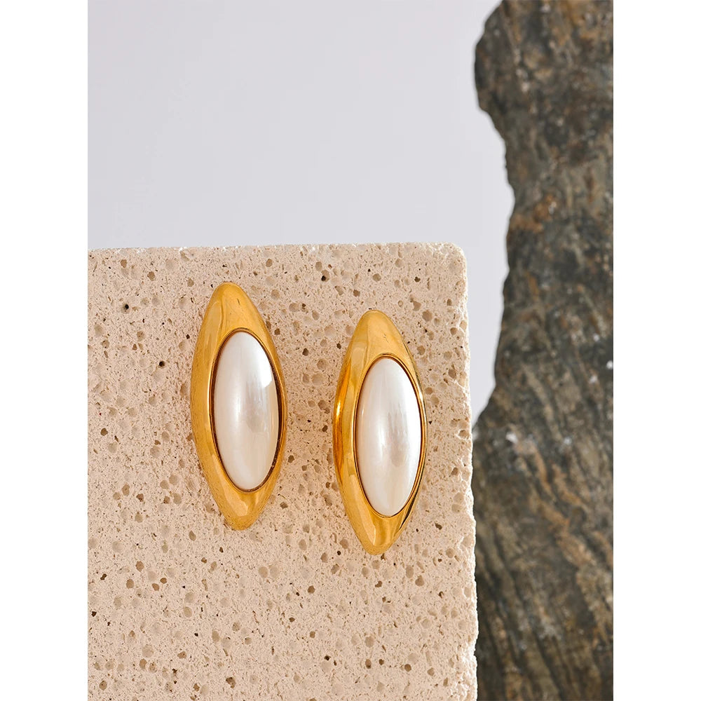 Exclusive Golden Pearl Oval Stud Earrings
