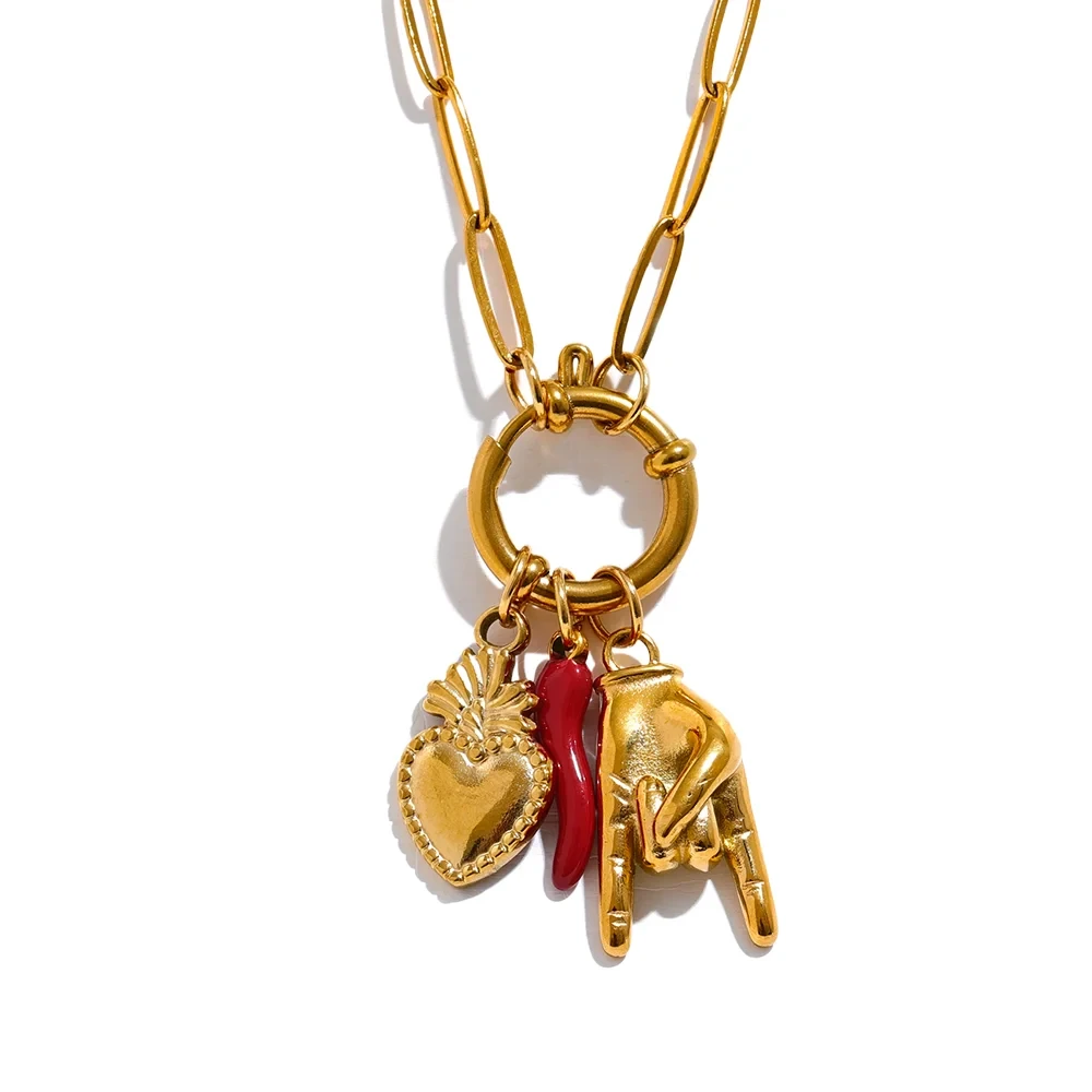 Palm Red Chili Heart Charms Pendant Necklace