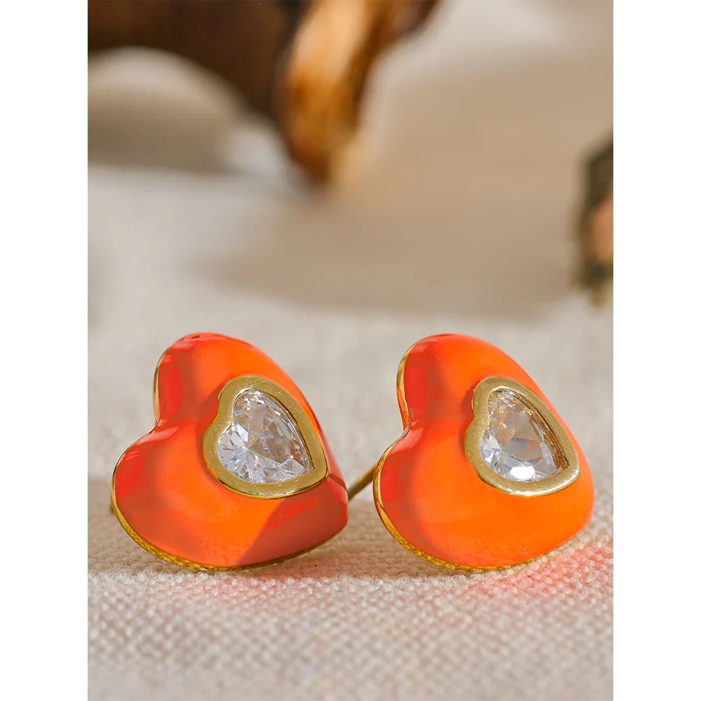 Enamel Cubic Zirconia Heart Colorful Stud Earrings