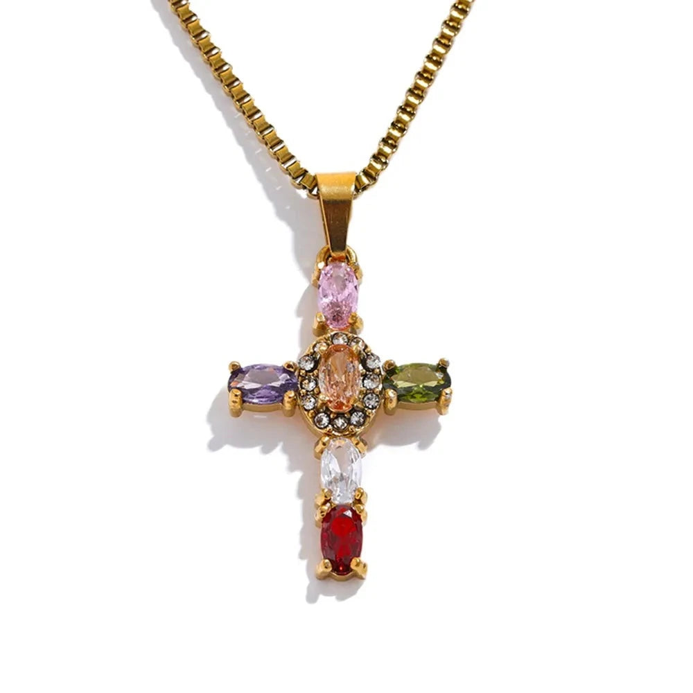 Luxury Colorful CZ Cross Pendant Necklace