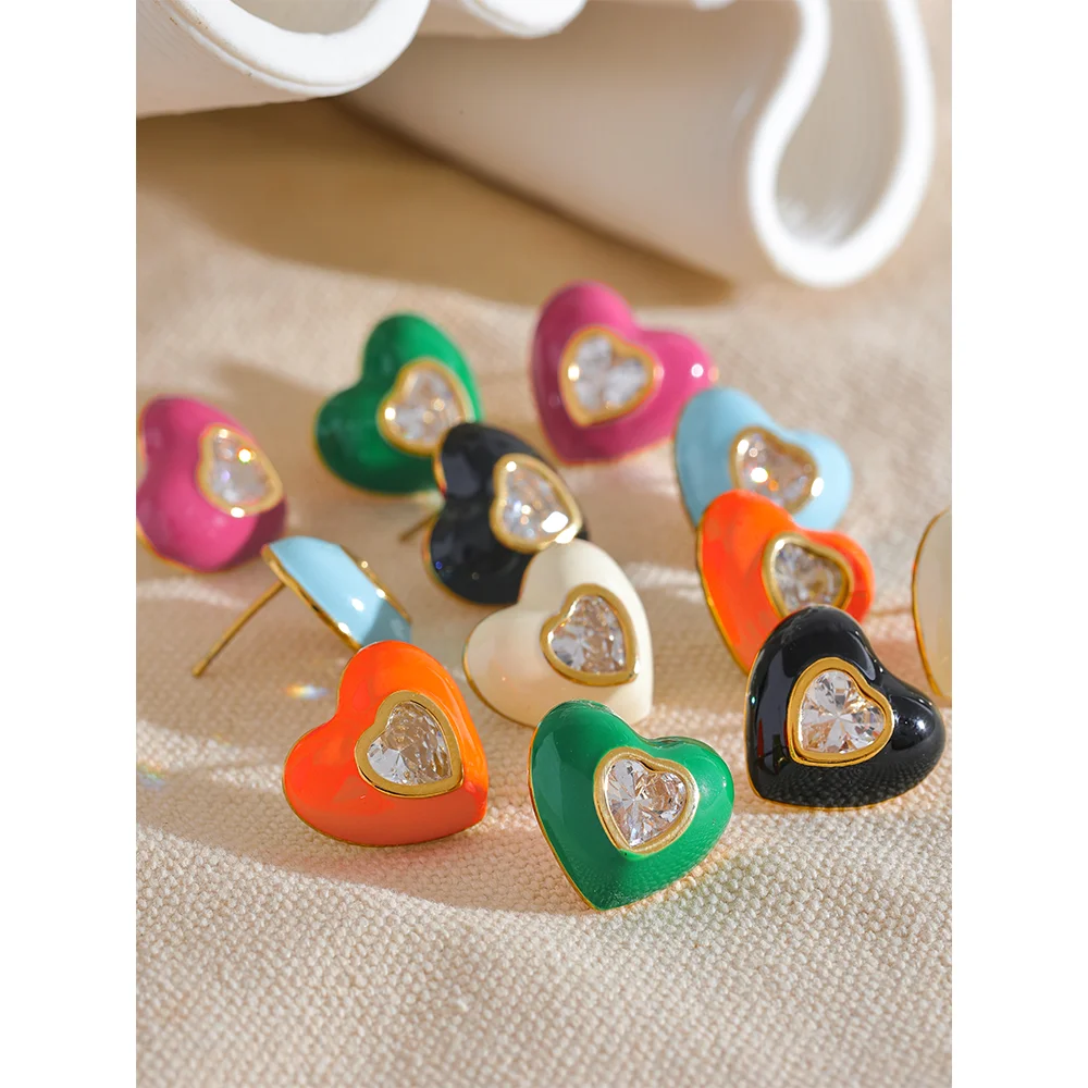 Enamel Cubic Zirconia Heart Colorful Stud Earrings