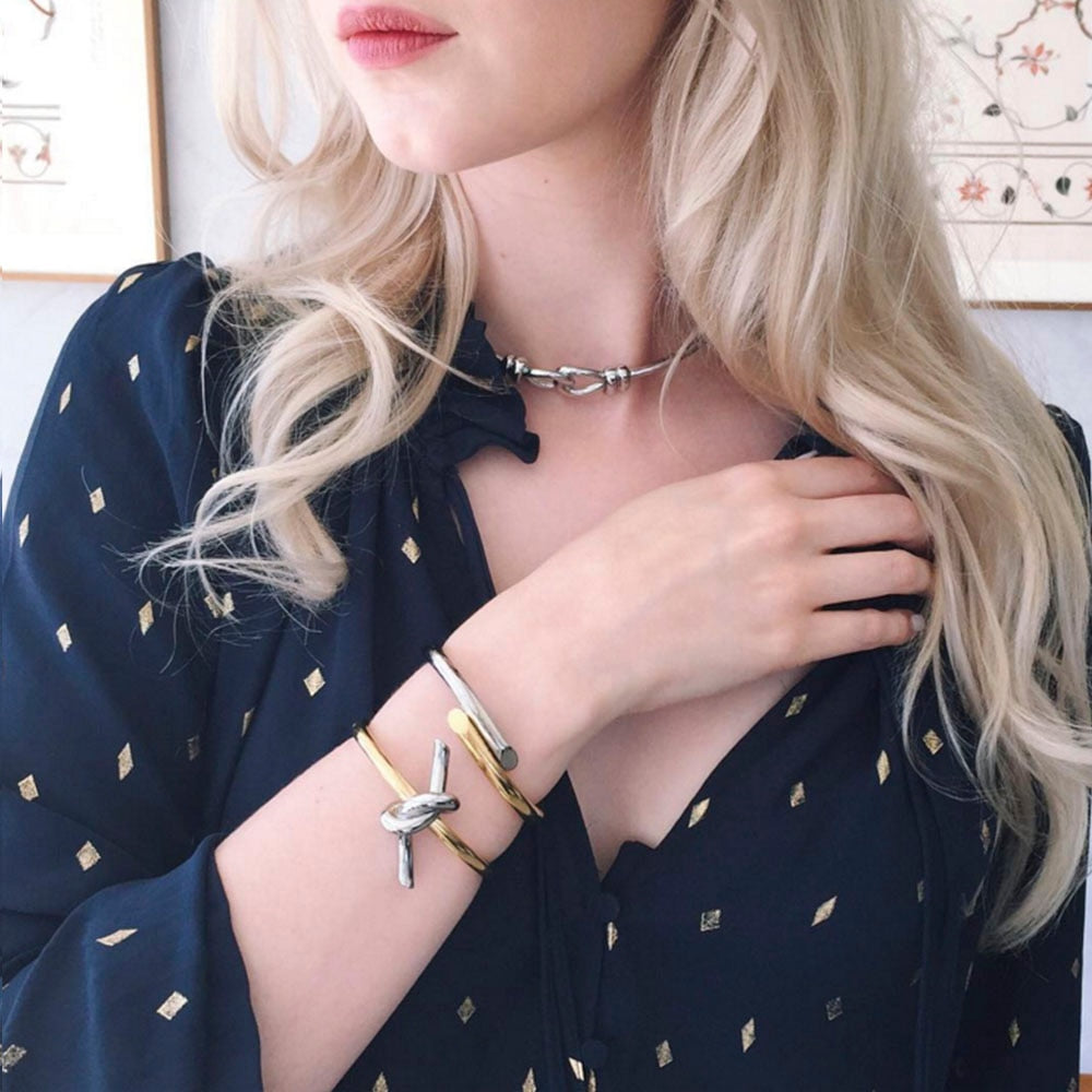 Knotted Rope Cuff Bangle Gold Bracelet