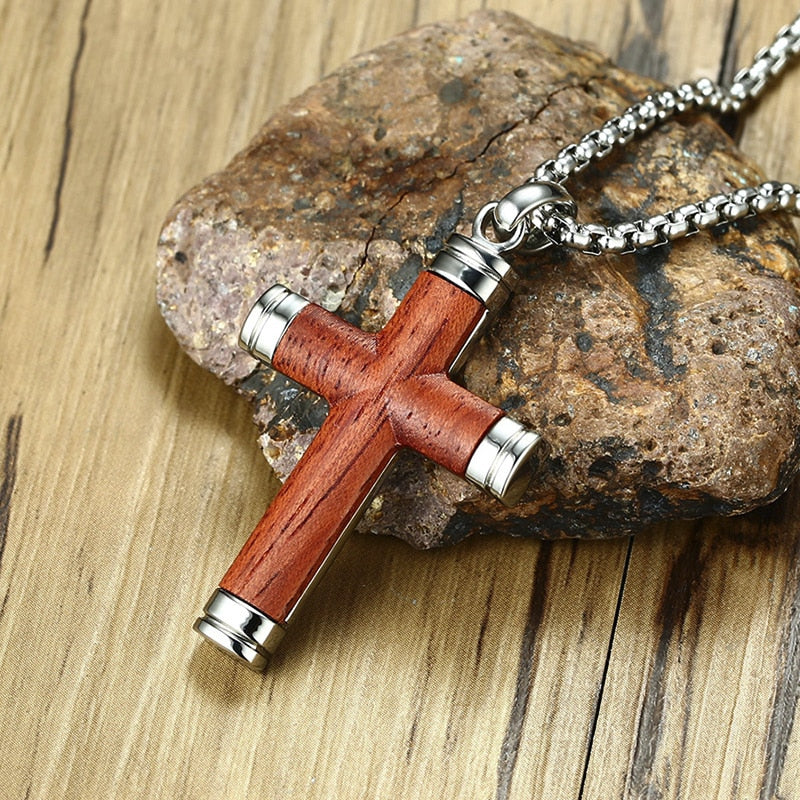 Vintage Rosewood Men Pendant Cross Necklace