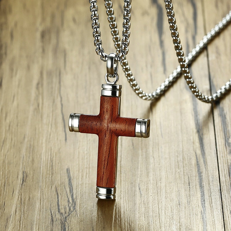 Vintage Rosewood Men Pendant Cross Necklace